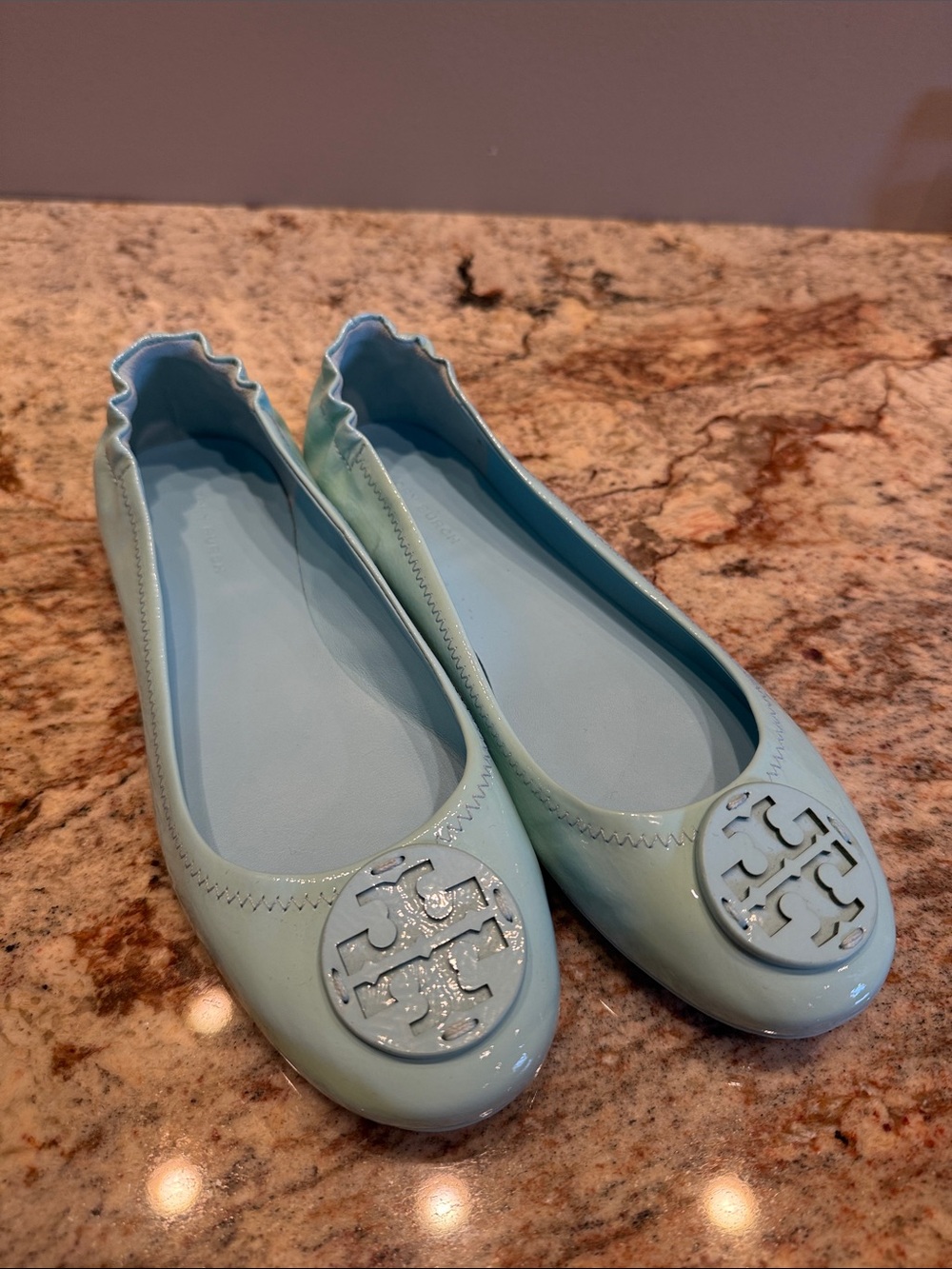 Tory Burch Light Blue Patent Leather Logo Ballet Flats